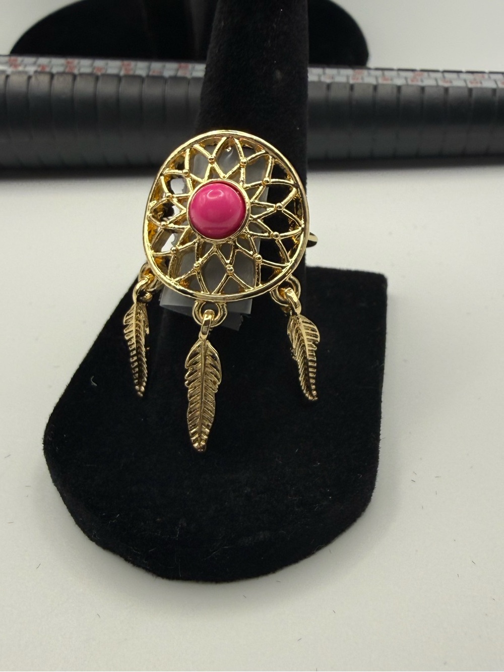 Gold tone Dreamcatcher Ring with Pink Stone - Women Jewelry
